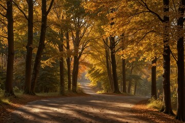 Naklejka premium Serene autumn forest with a path covered in fallen leaves, ideal for a tranquil nature walk.