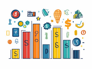 Flat Bar Graph with Currency Symbols: Vector Illustration of Global Market Growth, Financial Analysis & Business Infographics on White Background
