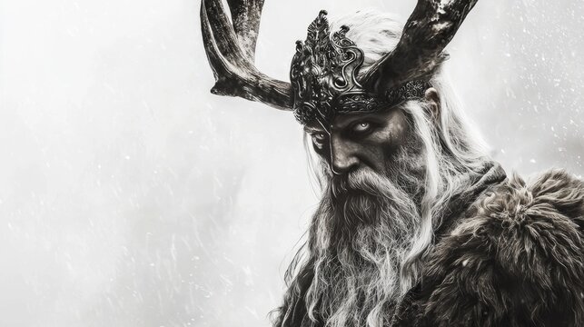 Scandinavian god Vidar stands prominently highlighted by his majestic antlers and elaborate crown. His fierce gaze and detailed attire command attention and respect.