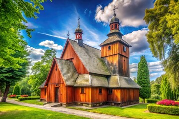 At Skansen Museum in Nowy Sacz, Poland, the Old Wooden Church harmonizes with nature, offering a...