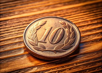 A 100 Japanese Yen coin rests on a wooden surface, showcasing intricate details and texture, highlighting its unique features and the warmth of the natural wood.