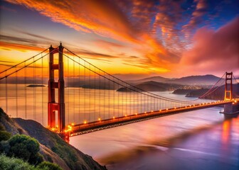 Obraz premium At sunset, the Golden Gate Bridge glows majestically in a long exposure, blending vibrant colors and serene waters, encapsulating the essence of San Francisco.