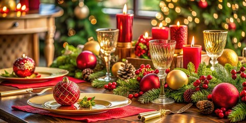 A beautifully arranged Christmas dinner table adorned with red and gold ornaments, flickering candles, and lush greenery, creating an elegant festive atmosphere for guests.