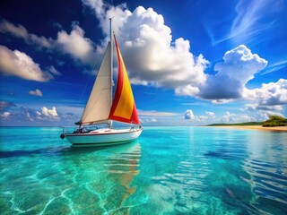 Fototapeta premium A beautiful sailboat drifts across crystal-clear waters, basking under a brilliant blue sky, capturing the essence of serenity on this lovely sunny day.