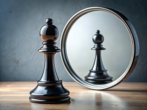 A black pawn stands before a round mirror, reflecting the white queen&acirc;&euro;&rdquo;symbolizing contradiction and distortion in a game where perceptions can mislead reality.