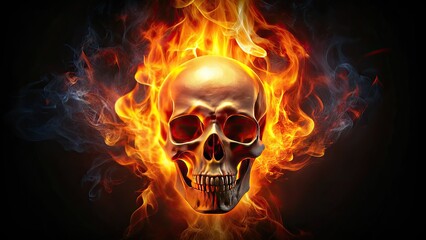A blazing skull surrounded by vibrant flames represents imminent danger, mortality, and extreme heat, set against a dark backdrop that enhances its ominous presence.