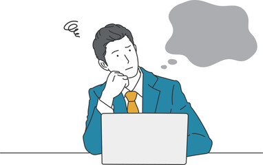 パソコンの前で悩むビジネスマンのシンプルイラスト