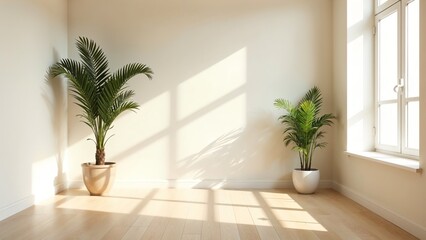 Fototapeta premium Spacious room with two potted plants, sunlight streaming in, creating a tranquil and airy environment.