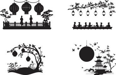 Silhouette of a lantern festival in an autumn night, silhouette vector © Nazia