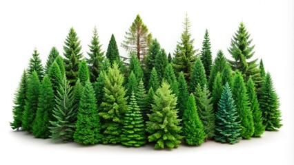 Obraz premium A breathtaking collage of evergreen fir trees against a white backdrop, perfect for creating stunning banner design elements that evoke natureâ€™s beauty and tranquility.