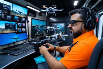 A drone pilot controlling multiple reconnaissance drones from a mobile command center, with live video feeds displayed on multiple screens