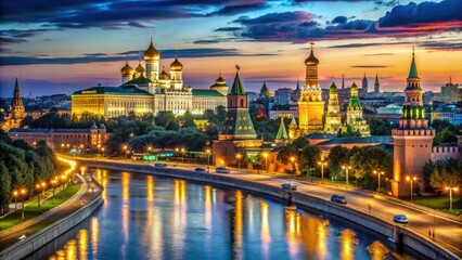 Fototapeta premium A breathtaking nighttime panorama of a lively Russian metropolis, aglow with brilliant city lights as dusk embraces the skyline in vibrant colors.