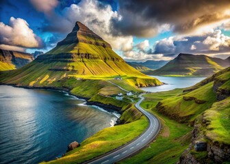 A breathtaking view of Drangarnir unfolds along the stunning road connecting Bour and Gasadalur, showcasing the enchanting beauty of the Faroe Islands' landscape.