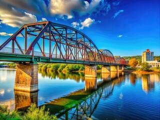 Obraz premium A breathtaking view of the Wilkes-Barre Bridge stretching over the river, framed by lush greenery beneath a vibrant, clear blue sky in Pennsylvania.