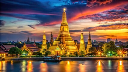 Obraz premium A breathtaking view of Wat Arun Temple shining brightly against the enchanting Bangkok skyline, showcasing the vibrant nightlife and cultural beauty of Thailand.