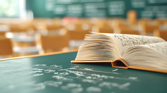 classroom scene featuring chalkboard filled with equations and open book on desk, symbolizing learning and education. atmosphere is focused and academic