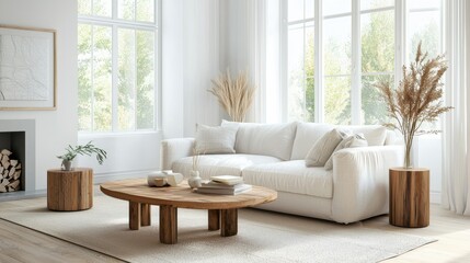 Modern Living Room with White Sofa and Wooden Table