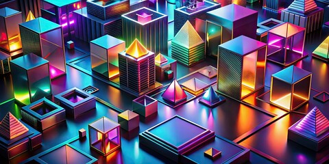 Abstract 3D Geometric Shapes with Retro Gradients for Night Photography Backgrounds
