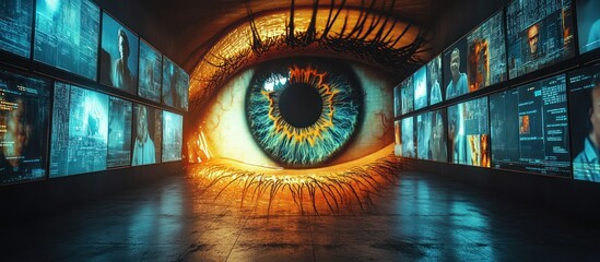 A large eye looks through screens showing images of faces.