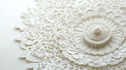 Intricate paper cut lace patterns, forming decorative mats or coasters, paper cut lace, delicate craft decoration
