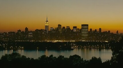 A panoramic view of a city skyline at sunset, with a river in the foreground.