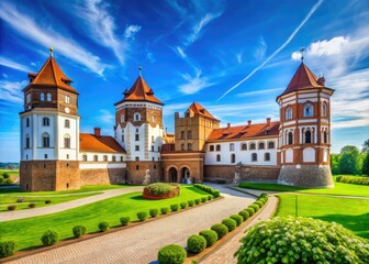 Naklejka premium Breathtaking architectural photography captures the enchanting Mir Castle Courtyard in Belarus, showcasing its stunning design, rich history, and intricate details under a picturesque sky.