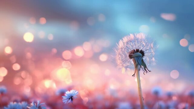 Dandelion seeds dispersing in a magical, dreamy pink and blue bokeh background.