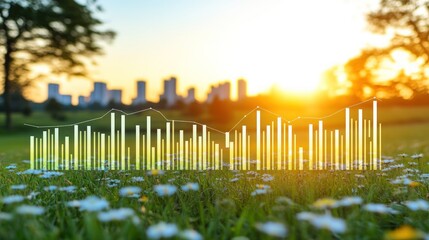 A field of daisies with a sunset sky in the background.  A graph of rising bars is overlaid on the image.