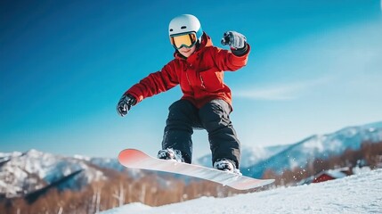 A child snowboarding on a sunny day against a mountain backdrop.