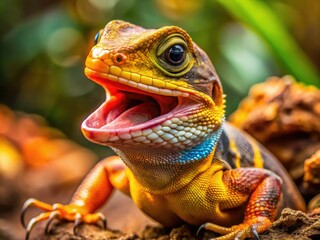 Obraz premium Candid Close-Up of a Happy Yellow and Brown Lizard with Orange Tongue Smiling at the Camera