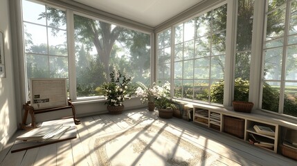 Fototapeta premium Bright sunlit room with plants, windows, and cozy furniture, creating a serene atmosphere.