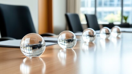 Clear glass spheres on a polished conference table in a modern office environment.