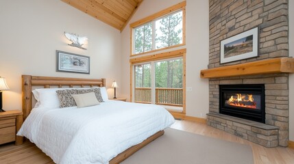 Fototapeta premium Cozy bedroom interior with a fireplace and large windows, inviting natural light.