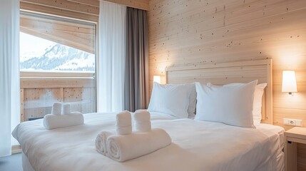 Fototapeta premium Cozy bedroom interior with wooden decor and mountain view.