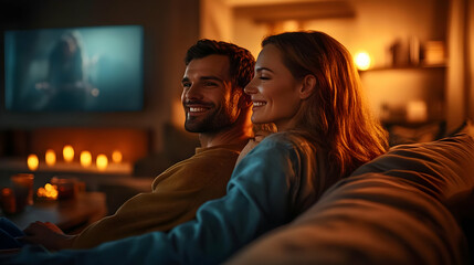 Cozy couple enjoying a movie night in a warmly lit living room.