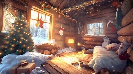 Naklejka premium cozy rustic cabin interior adorned with Christmas lights, stockings, and warm fireplace creates festive atmosphere. snowy landscape outside enhances holiday spirit