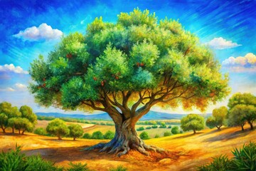 Fototapeta premium Capturing the essence of the olive tree, this stunning hand-drawn illustration serves as an artistic centerpiece for nature and botanical design projects, blending beauty with sophistication.
