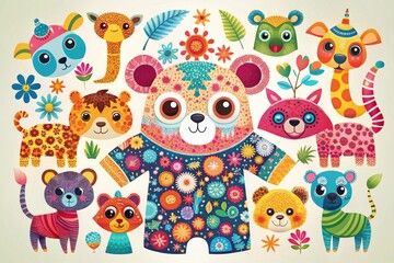 Obraz premium Cartoon Animal Icons Set for T-Shirts and Fabric Prints - Generative AI Designs for Kids and Baby Fashion