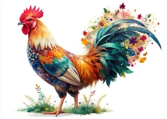 Fototapeta premium Cartoon Chicken Rooster Double Exposure Art on White Background for Creative Projects