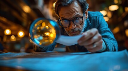 Fototapeta premium Man with Magnifying Glass Examining Document