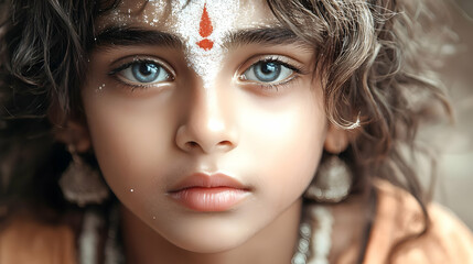 Obraz premium A close-up portrait of a child with striking blue eyes and traditional markings on their forehead.