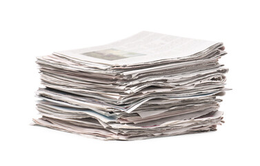 Stack of many newspapers isolated on white