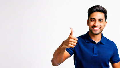 A South Asian man wearing a navy blue polo shirt is giving a thumbs up against a white background.