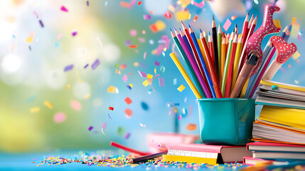 Colorful pencils in vibrant container surrounded by scattered confetti and books create joyful and festive atmosphere, perfect for inspiring creativity