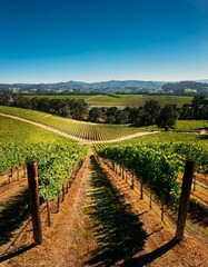 Fototapeta premium Vineyard rows under blue sky