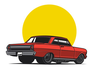 classic car image in red accent with back view along with round background for vector design illustration graphic