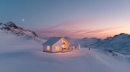 Cozy house in a snowy landscape during sunset with soft pastel colors.