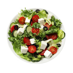 Delicious salad with feta cheese isolated on white, top view