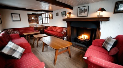 Fototapeta premium Cozy living room with red sofas, a fireplace, and warm ambiance.