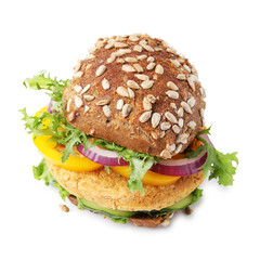 Delicious vegan burger with chickpea cutlet isolated on white